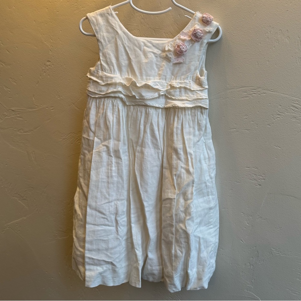 Jacadi French design linen toddler dress 4T cream with rose detail zip closure